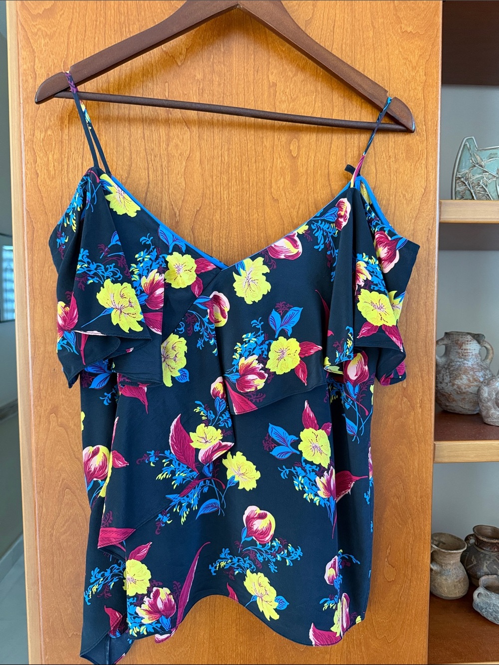 Floral Cold-Shoulder Camisole in Black with Yellow & Pink Flowers
